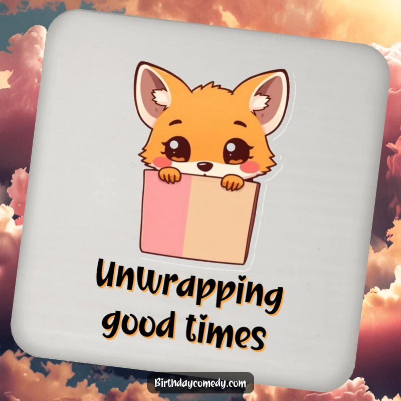 Funny Drink Coaster: Small fox with wide eyes peeking from an overflowing gift box, adding cute protection.