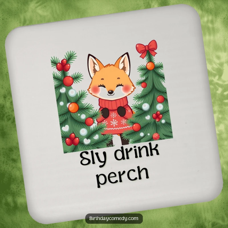Funny fox drink coaster, in a festive jumper, peeking from behind a tree, adding playful holiday flair.