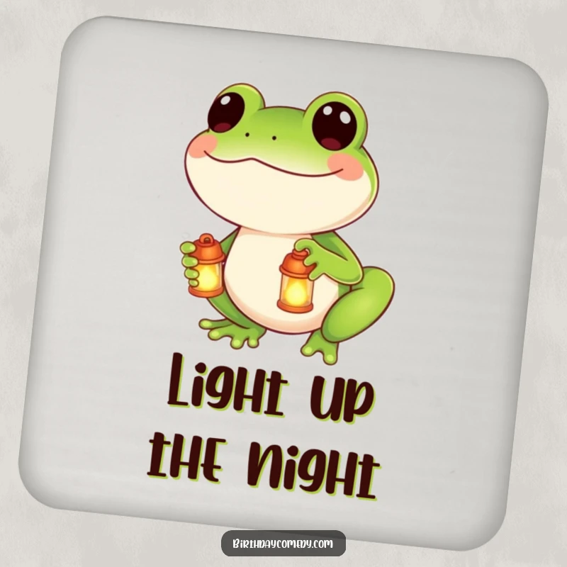 Funny drink coaster featuring a smiling frog with a tiny glowing lantern, protecting surfaces with a cheerful design.
