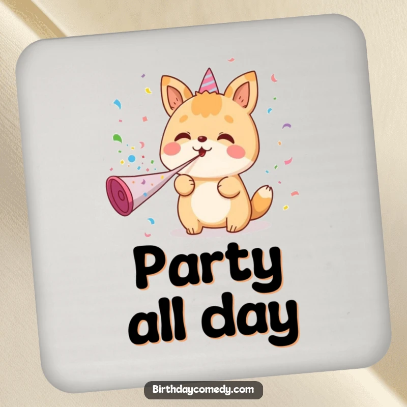 Funny drink coaster with a kawaii character blowing confetti from a party horn, adding a fun and protective touch to beverage service.