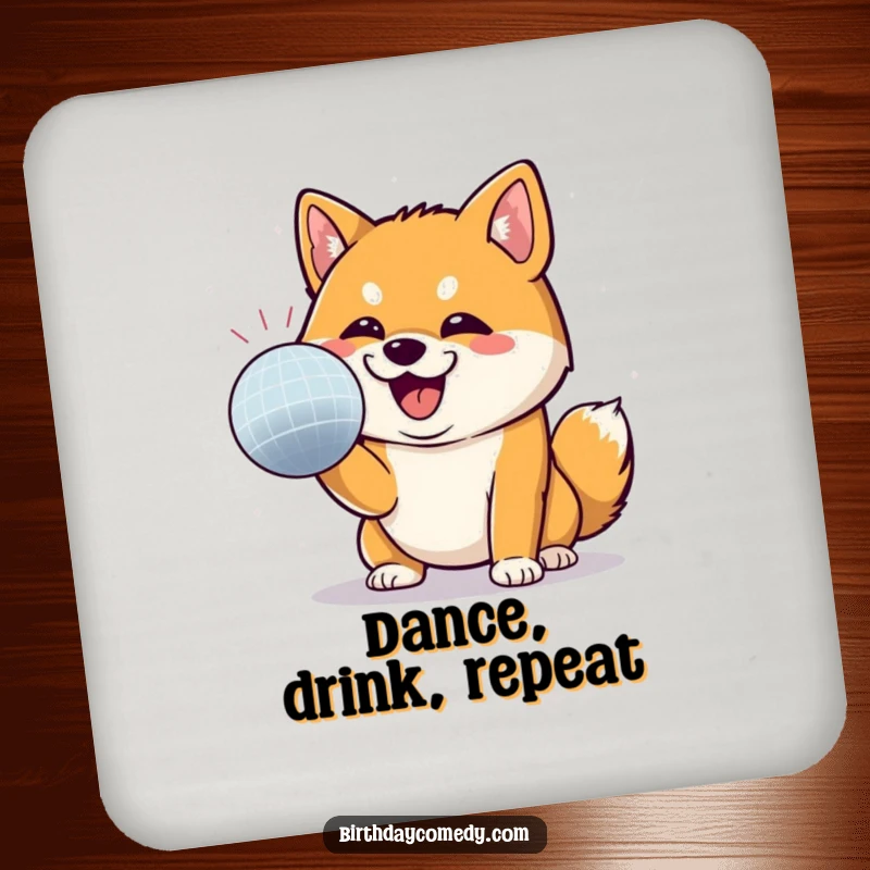 Funny Shiba Inu drink coaster capturing a Shiba Inu batting at a disco ball, adding playful flair to drinks.