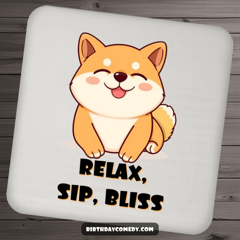 Funny Shiba Inu drink coaster depicting a content Shiba Inu with eyes closed, enjoying a virtual belly rub, for peaceful drinks.
