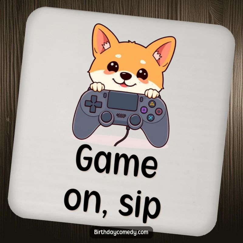 Funny Shiba Inu drink coaster showing a curious Shiba Inu peeking from behind a game controller, perfect for gamer tables.