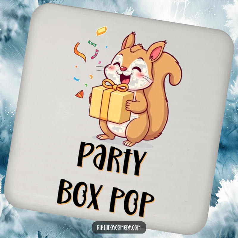 Funny squirrel drink coasters with an excited squirrel holding a gift box and streamers, adding a playful touch to tabletops.