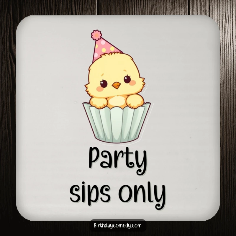 Funny fluffy chick wearing a party hat peeks out of a cupcake wrapper, a set of coasters for drinks.