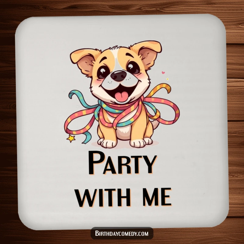 Funny Dog Ribbon Coaster: A silly dog joyfully entangled in festive ribbons, protecting surfaces with humor.