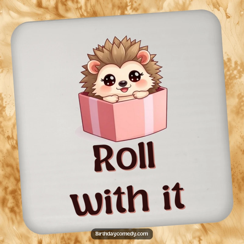 Funny hedgehog drink coasters, a happy character rolling inside a gift box with wide eyes, protecting surfaces.