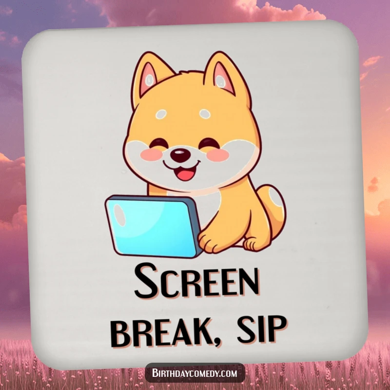 Funny Shiba Inu drink coaster showing a Shiba Inu tilting its head at a glowing screen, protecting furniture with humor.