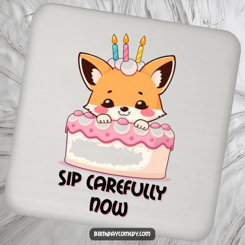 Funny fox drink coasters, a smiling character peeking behind a birthday cake, protecting surfaces with style.