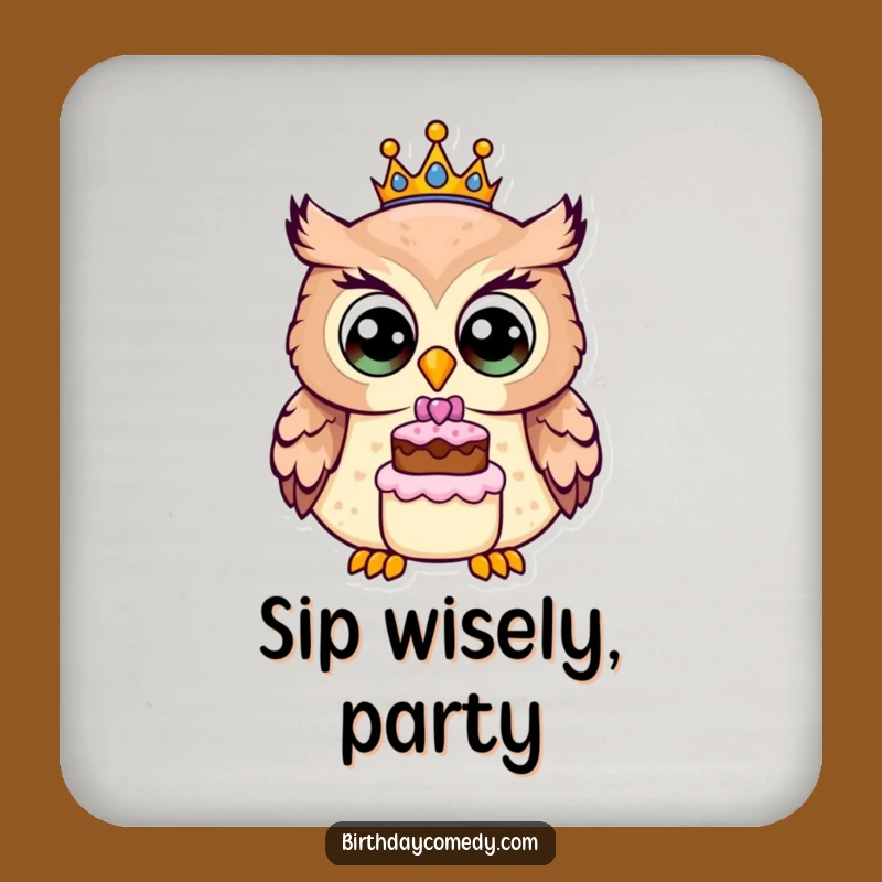 Funny Owl Birthday Crown Drink Coaster: Protect Surfaces with Adorable Celebration Humor