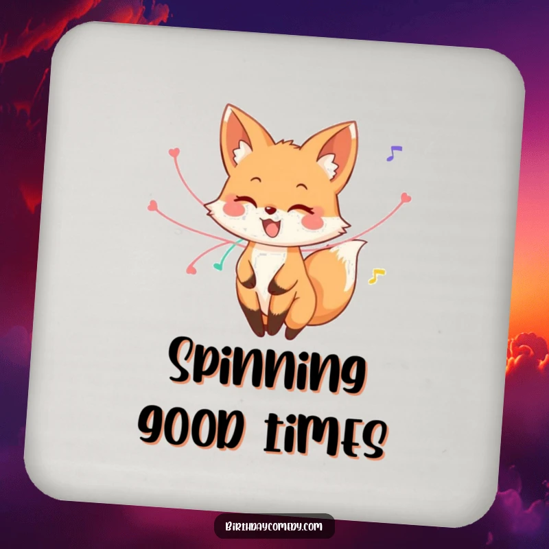 Funny fox drink coaster, a happy fox with streamers around its tail, mid-twirl, protects furniture with whimsical charm.