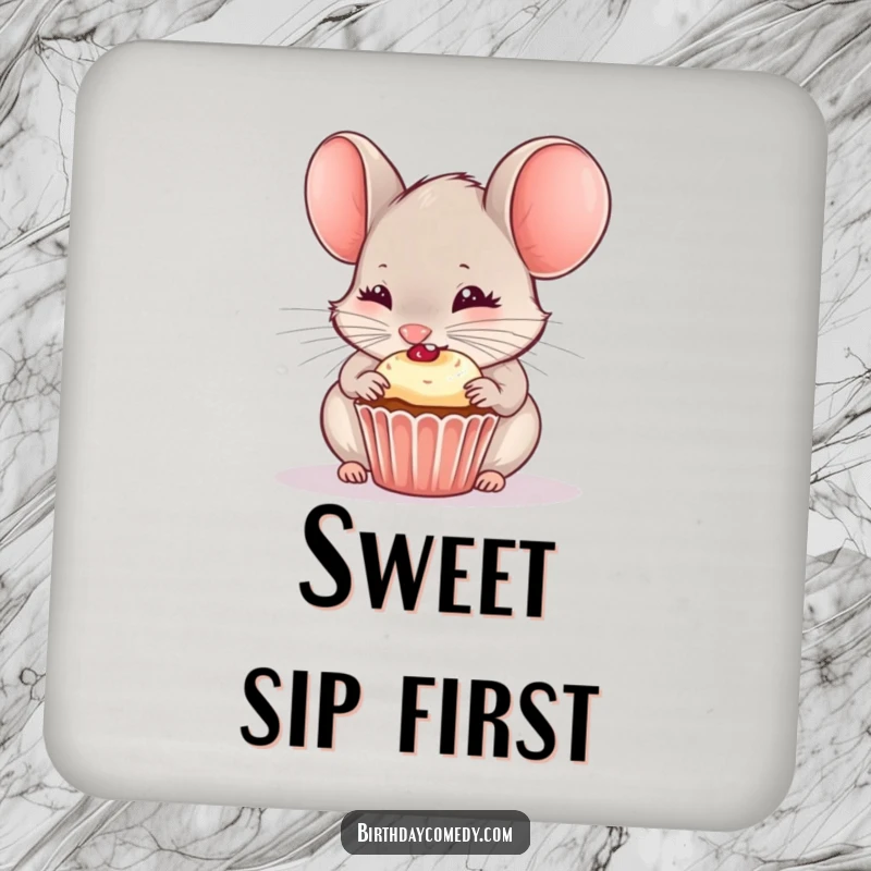 Funny drink coaster showing a curious mouse joyfully nibbling on a miniature cupcake.