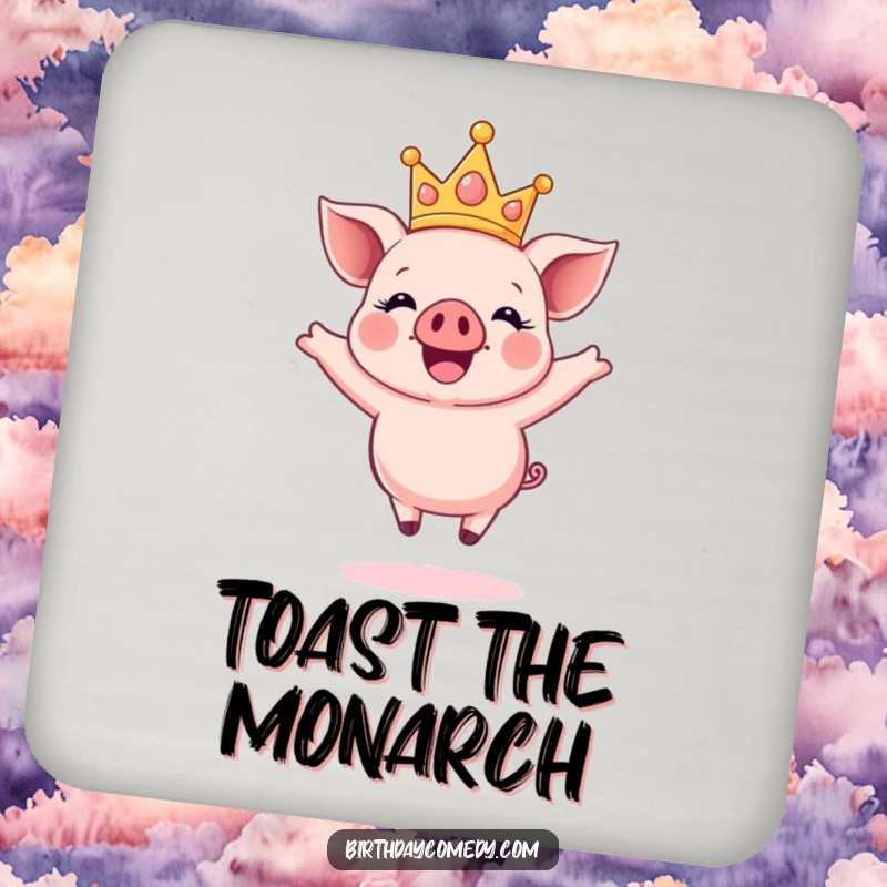Funny coaster with a happy piglet wearing a sparkly crown, joyfully jumping mid-air, offering cheerful protection.