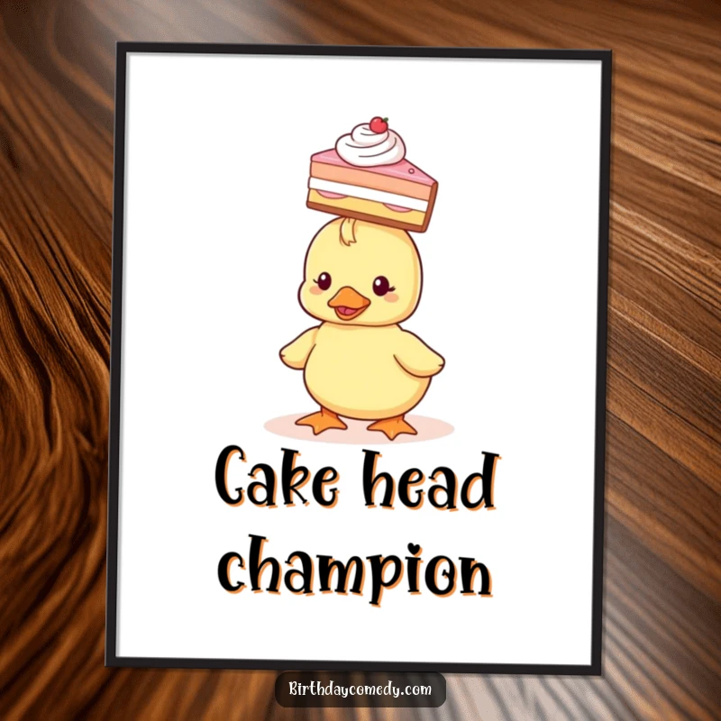 Funny Poster of a tiny duckling with impressive balance, holding a slice of cake perfectly on its head, looking content.