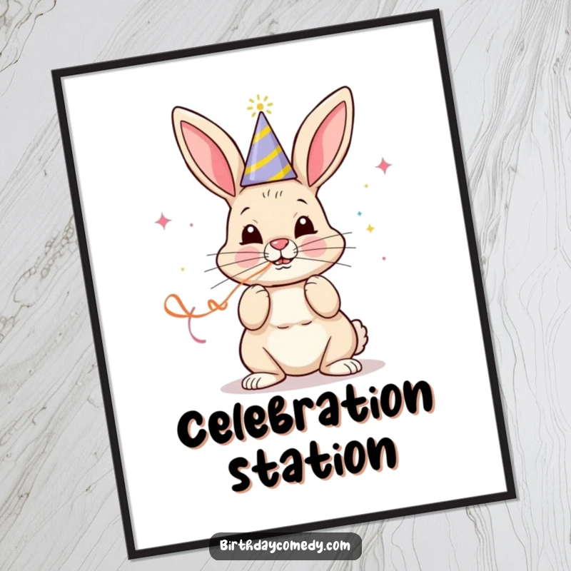 Funny poster featuring a cheerful bunny in a party hat, blowing a streamer with intense, happy concentration.