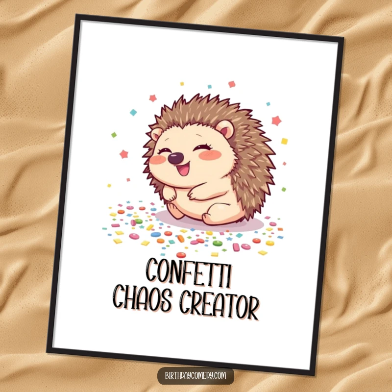 Funny hedgehog poster showing a giggling hedgehog rolling through colorful confetti, embodying pure, unrestrained happiness.