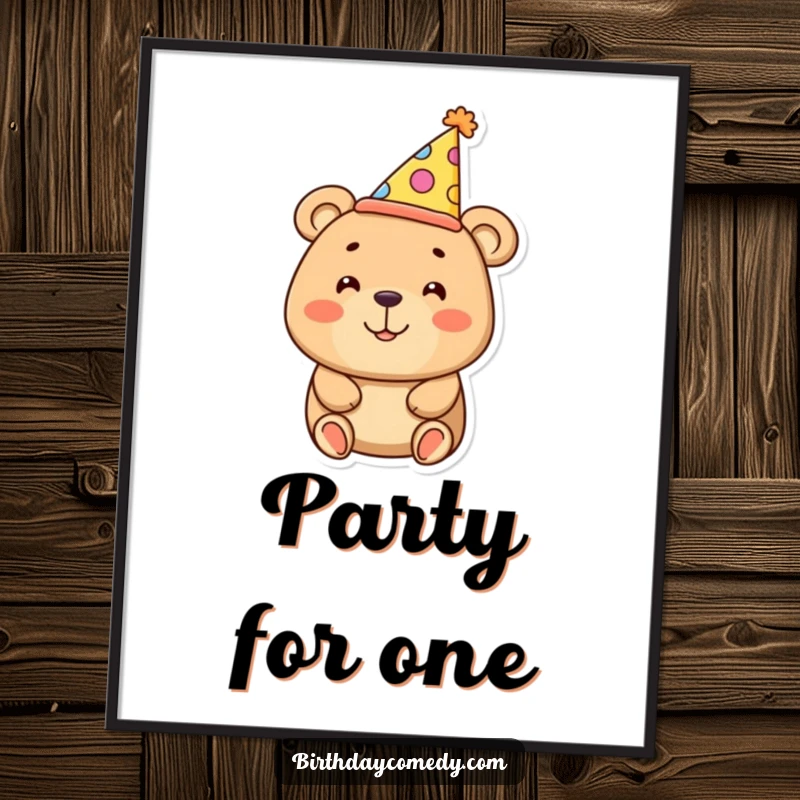 Funny bear poster showcasing a smiling bear wearing a comically large party hat, bringing humor and celebration to walls.