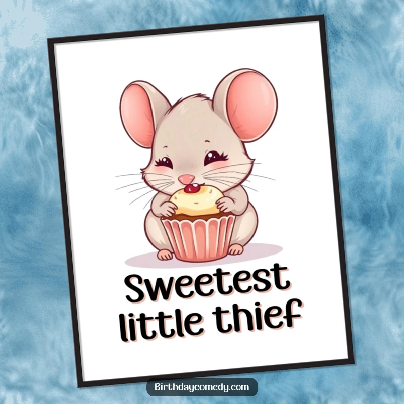 Funny poster print of a curious mouse gleefully nibbling on a delicious miniature cupcake.