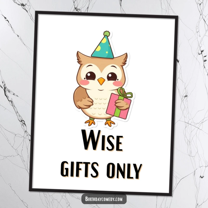 Funny owl poster, birthday celebration theme, holding a wrapped gift, cheerful art, funny gift.