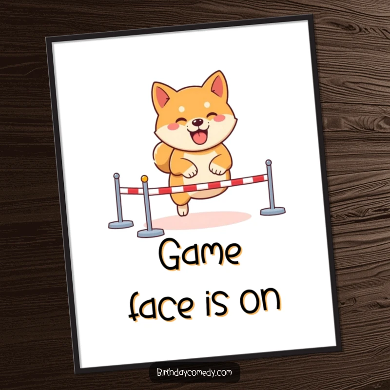 Funny Shiba Inu gamer poster, determined virtual obstacle course, joyful gaming art, esports wall decor, online challenge victory.