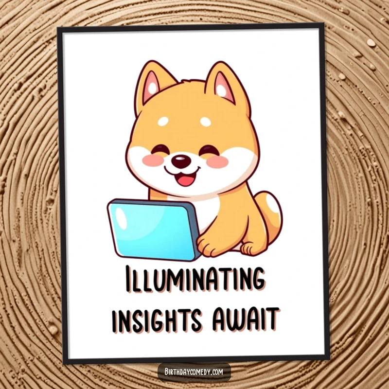Funny Shiba Inu poster showing a Shiba Inu with a curious head tilt, engrossed by a luminous screen, adding humor to decor.