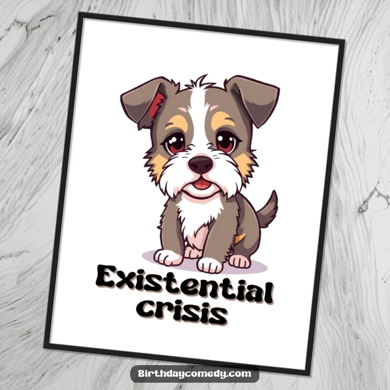 Funny terrier poster print of a silly dog comically chasing its own shadow, capturing a moment of pure canine absurdity and joy.
