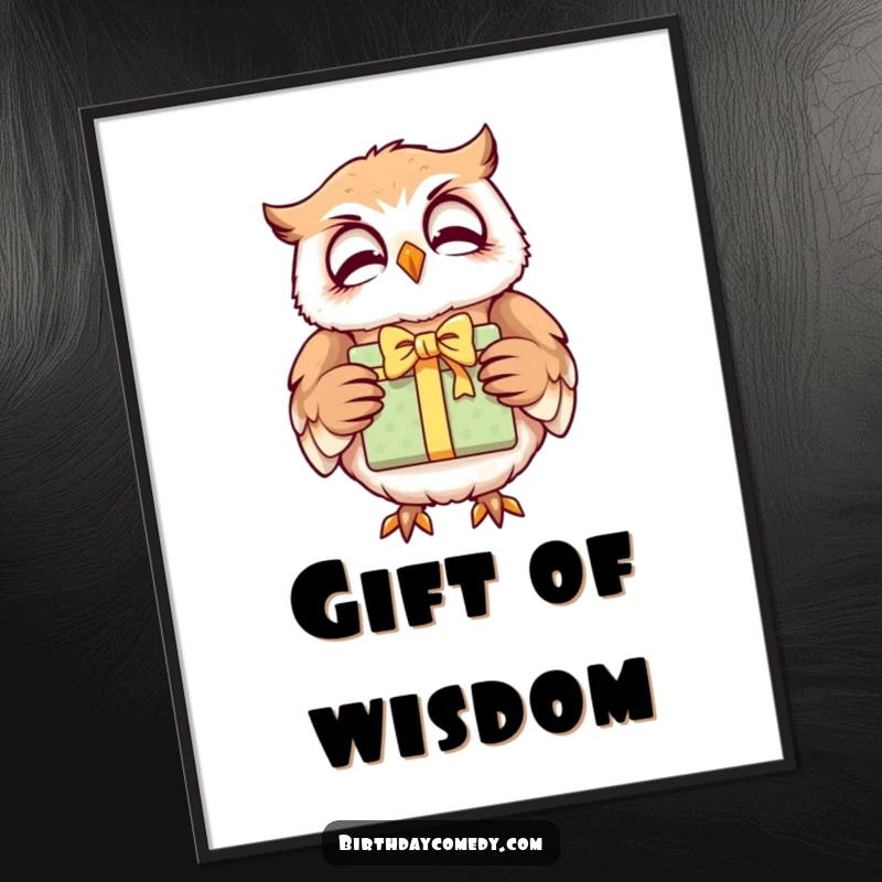 Funny owl poster, a giggling character holding a brightly wrapped gift, adding artistic charm and wisdom.