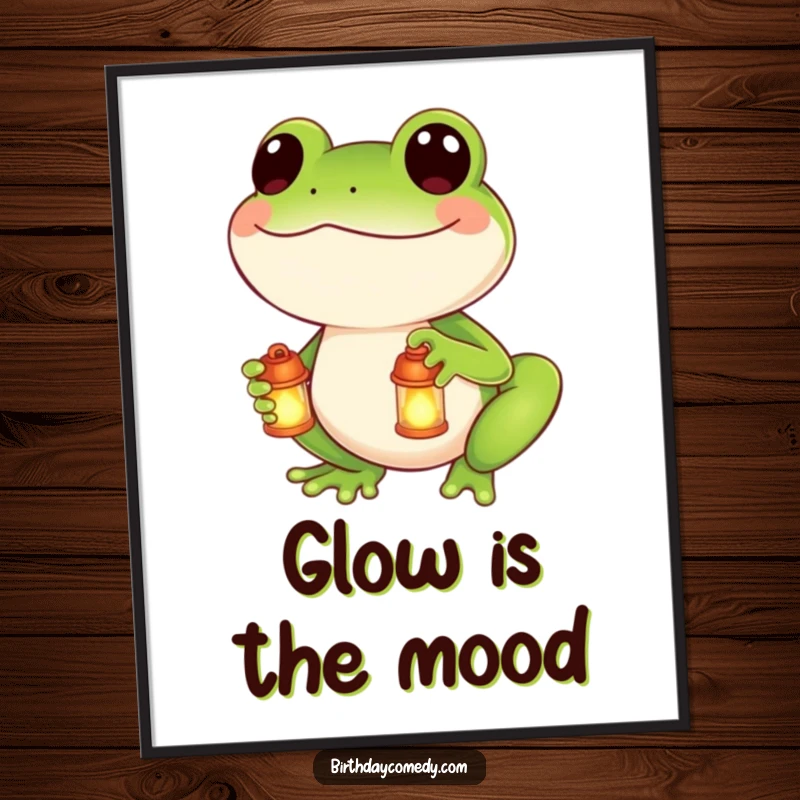 Funny poster of a smiling frog character holding a miniature glowing lantern, creating a warm and inviting ambiance.
