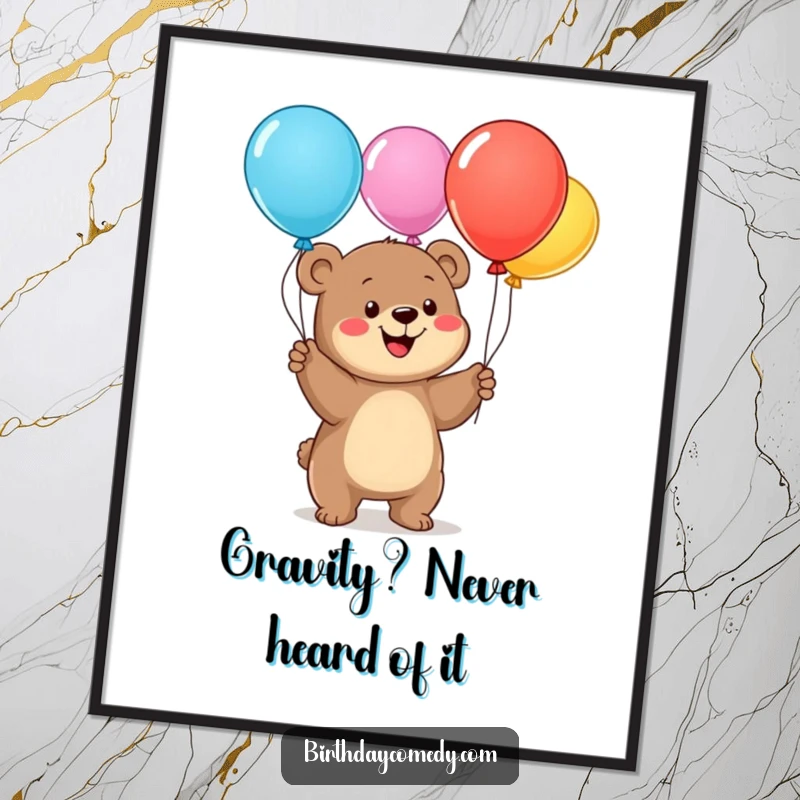 Funny bear cub poster art, a happy cub gleefully juggling colorful balloons, bringing whimsical joy and humor to walls.