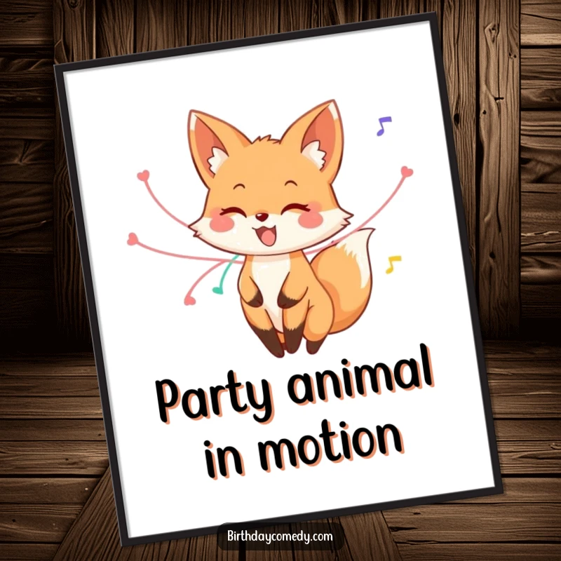 Funny fox poster art, a happy fox with streamers around its tail, mid-twirl, bringing whimsical joy and party cheer to walls.