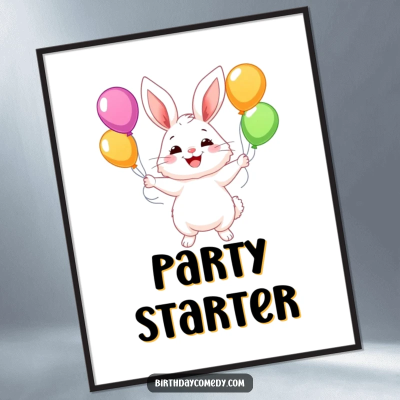 Funny poster showing a fluffy bunny with a big smile, juggling colorful balloons, creating a whimsical and joyful atmosphere.