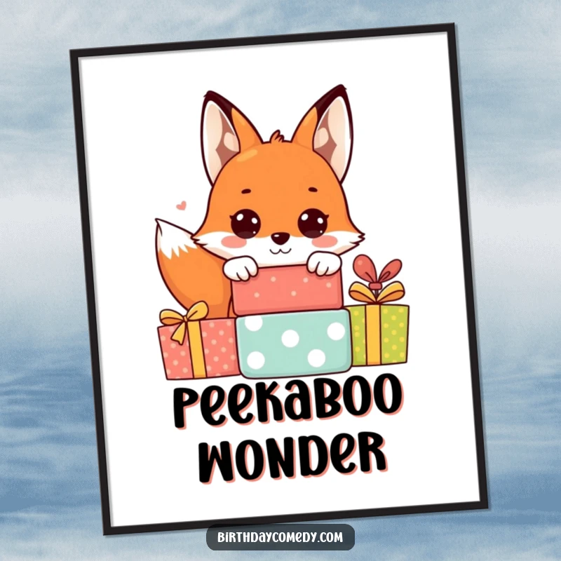 Funny fox poster featuring a happy fox with big curious eyes peeking from behind a pile of wrapped presents, creating a sense of wonder.