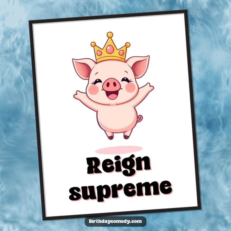 Funny poster featuring a happy piglet wearing a sparkly crown, captured mid-air in a moment of pure, ecstatic joy.