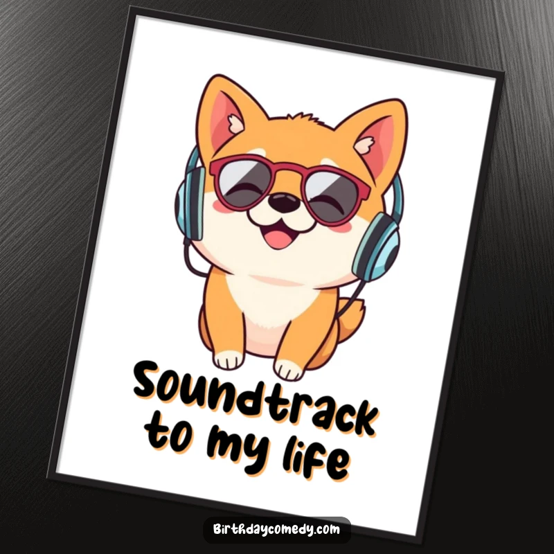Funny Shiba Inu poster, retro headphones, head bobbing, music lover art, canine wall decor.