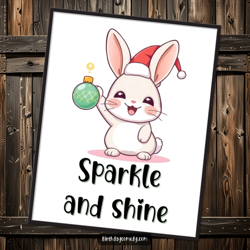 Funny Rabbit Holiday Poster: A joyful rabbit in a festive hat holds a sparkling ornament aloft, spreading holiday cheer visually.