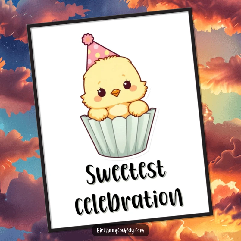 Funny fluffy chick wearing a party hat peeks out of a cupcake wrapper, a charming poster for wall decoration.