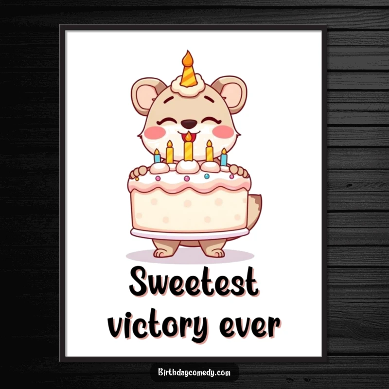 Funny poster of a stylized animal gleefully presenting a huge, frosted birthday cake, perfect wall decor.