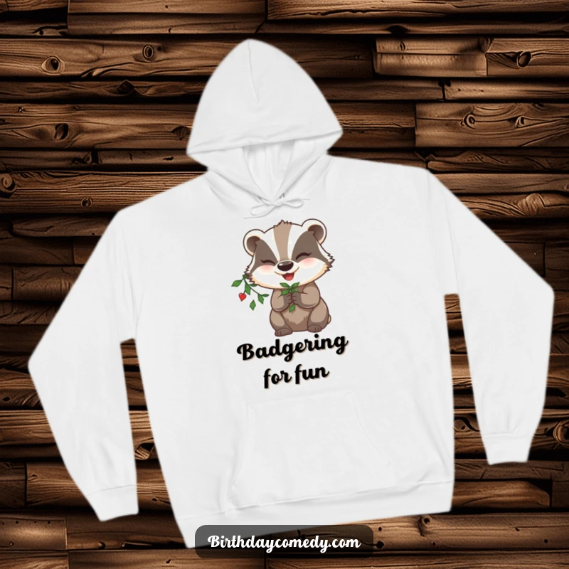 Funny badger hoodie, holding mistletoe, winking playfully, embodying cozy holiday mischief and festive spirit.