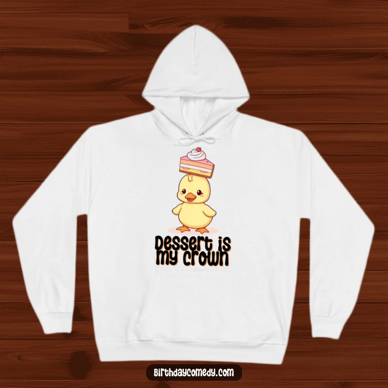 Funny Hoodie with a tiny duckling adorably balancing a slice of cake on its head, exuding sweet charm.
