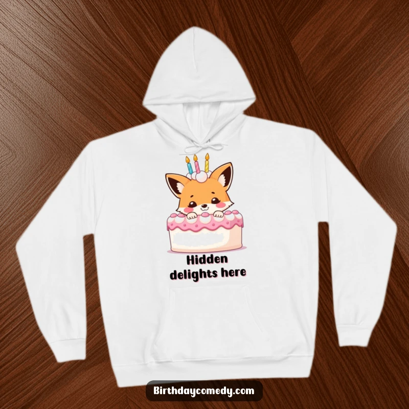 Funny fox hoodie, a smiling fox peeking from behind a large birthday cake, offering warm, cozy comfort.