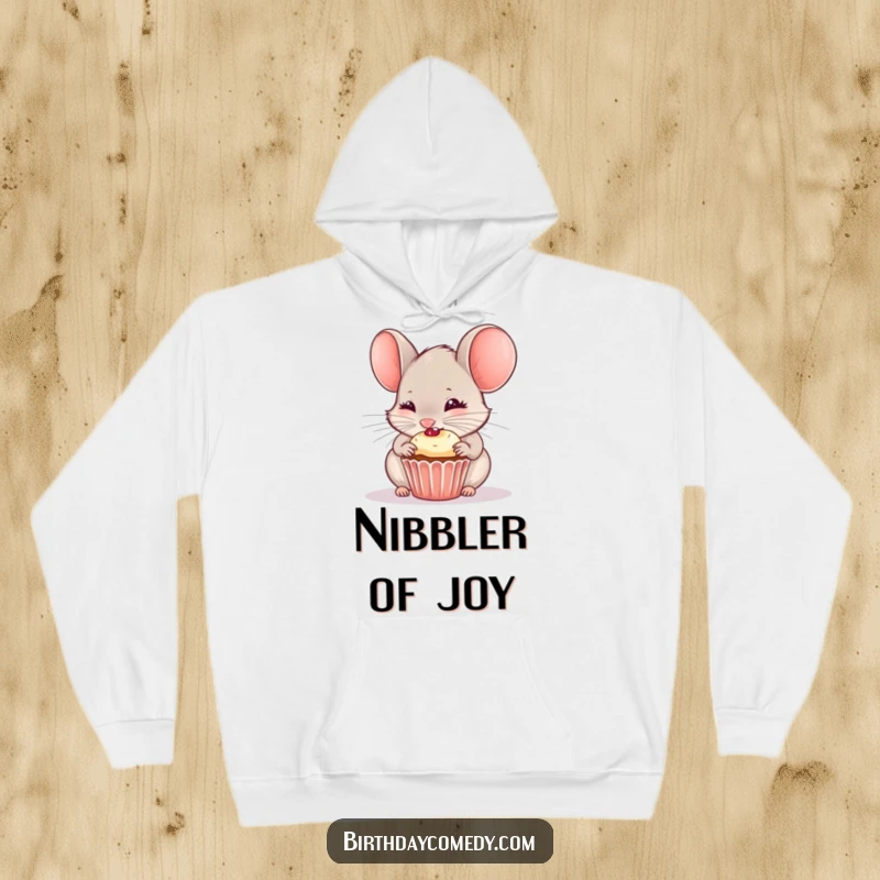 Funny hoodie with a curious mouse gleefully nibbling on a small cupcake, perfect for cozy, sweet moments.