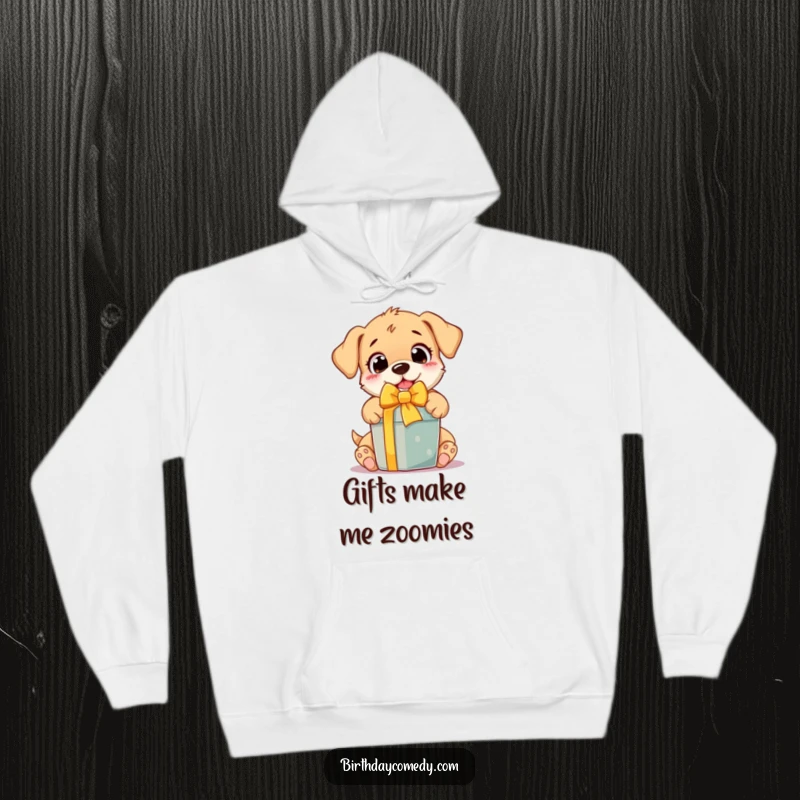 Funny Hoodie with a cute, wide-eyed puppy bursting with excitement as it unwraps a brightly colored gift, embodying pure puppy joy.