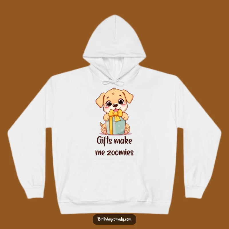 Funny Puppy Hoodie: Cozy comfort with an excited pup unwrapping a present, a hilariously warm gift for dog lovers.
