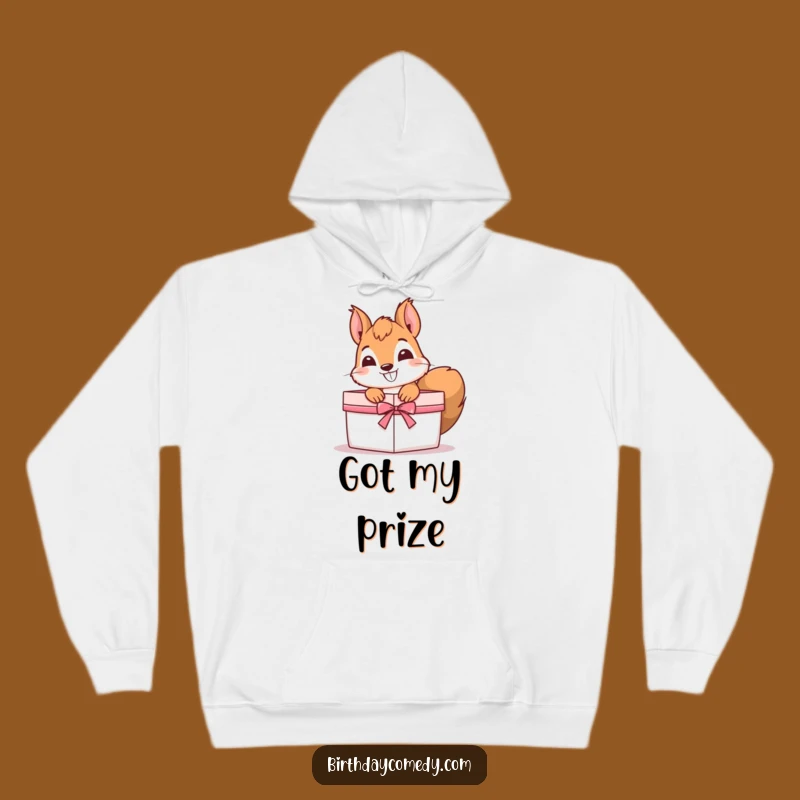 Funny Squirrel Hoodie: Cozy comfort with a squirrel peeking from a gift, a hilariously warm gift for woodland enthusiasts.