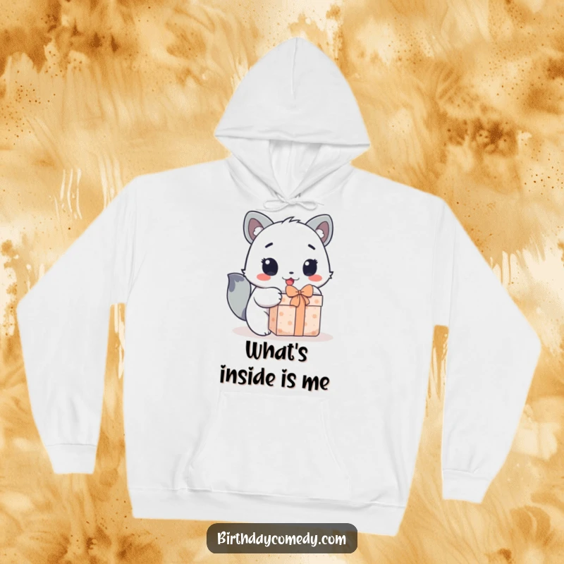 Funny hoodie depicting a cute animal character's wide, eager eyes as it enthusiastically opens a surprise gift.