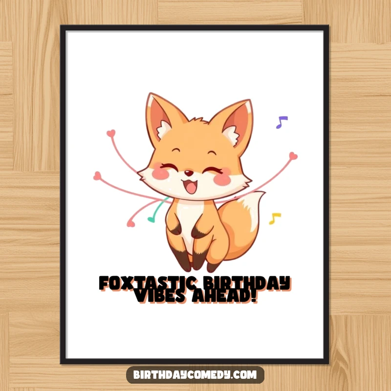 Funny Free Printable Wall Art: A happy fox gracefully twirling, its tail adorned with colorful streamers mid-spin.