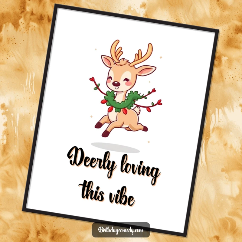 Funny Free Printable Wall Art: A cute deer wearing a festive garland skips happily, creating charming and humorous home decor.