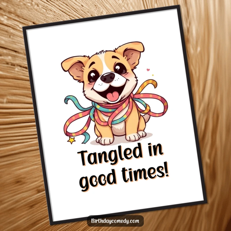 Funny Free Printable Dog Wall Art: Silly dog happily entangled in colorful festive ribbons, creating a playful scene.