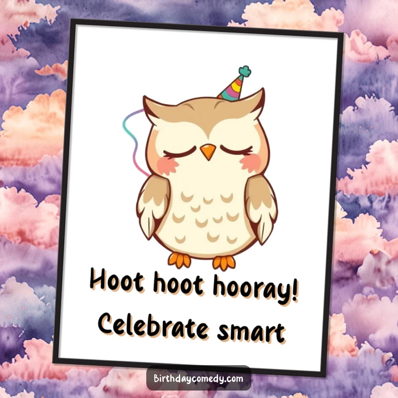 Funny free printable wall art of a sleepy owl wearing a party streamer, nodding with a happy expression, adding whimsical charm.