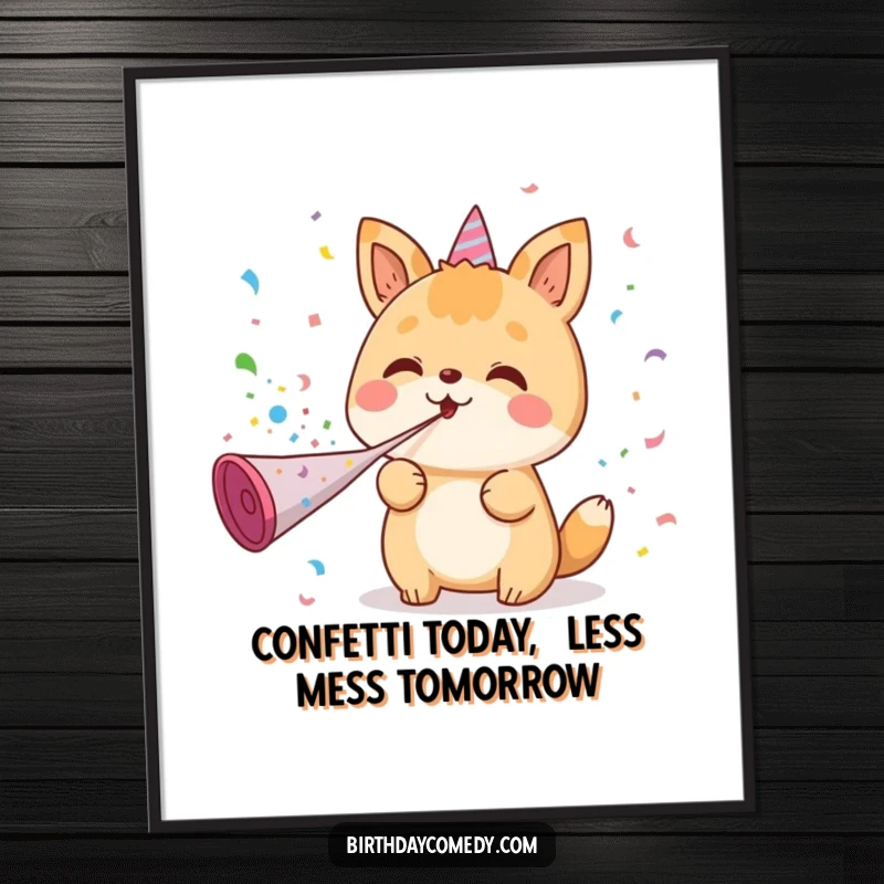 Funny Free Printable Wall Art: Kawaii animal joyfully blowing colorful confetti from a party horn, a festive downloadable art piece.